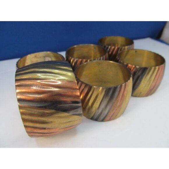 Vintage Brass Copper Silver Ribbed Napkin Ring Holders Set of 6 - Picture 9 of 13